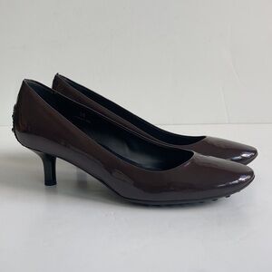 Tod’s mocha patent leather pump kitten heel studded heel rubber pebble outsole